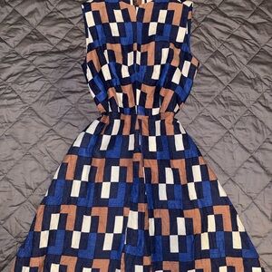 An Original Milly of New York Sleeveless Midi Dress in Blue, Brown & Cream